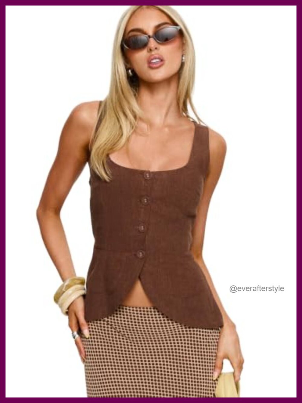 Linen Blend Vest Top Square Neck Button-Up Waist Tie Back